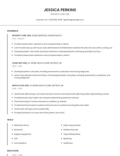 Resident Care Aide Resume