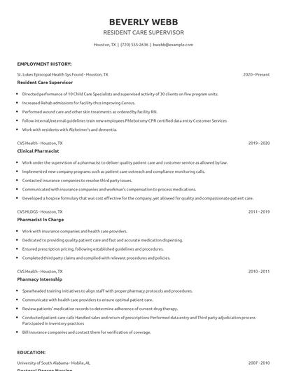 Resident Care Supervisor Resume