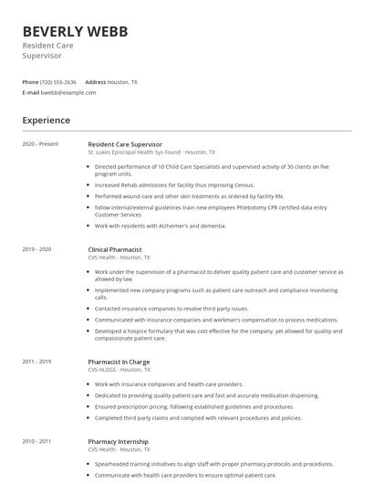 Resident Care Supervisor Resume