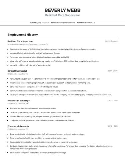 Resident Care Supervisor Resume