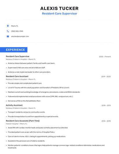 Resident Care Supervisor Resume
