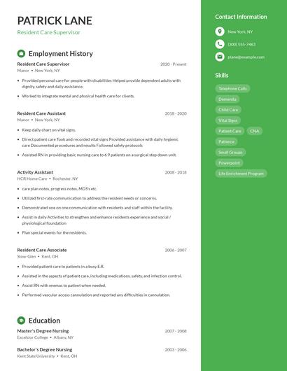 Resident Care Supervisor Resume