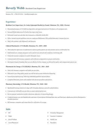 Resident Care Supervisor Resume
