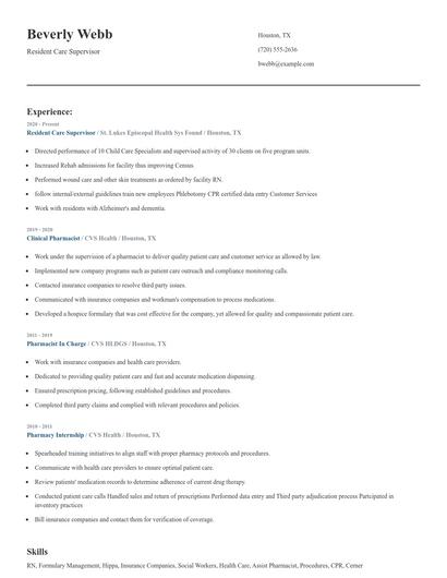Resident Care Supervisor Resume