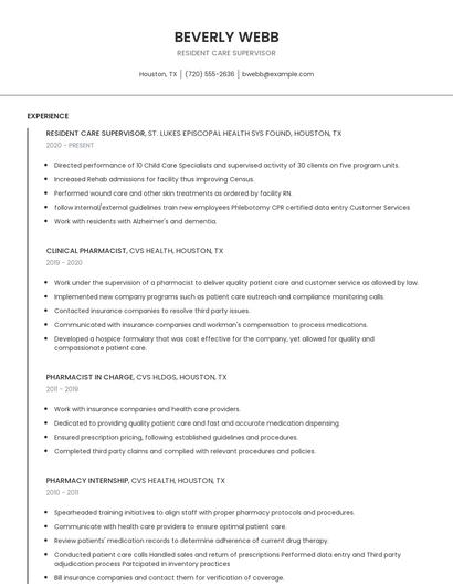 Resident Care Supervisor Resume