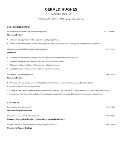 Resident Doctor Resume