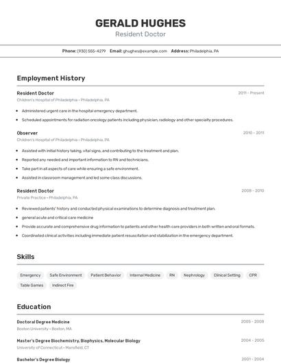 Resident Doctor Resume