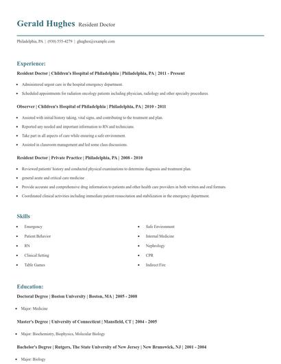 Resident Doctor Resume