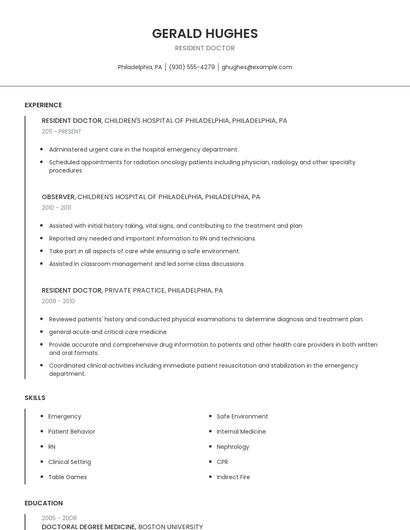 Resident Doctor Resume