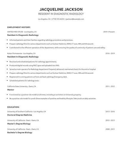 Resident In Diagnostic Radiology Resume