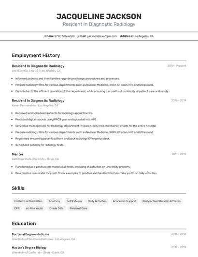 Resident In Diagnostic Radiology Resume