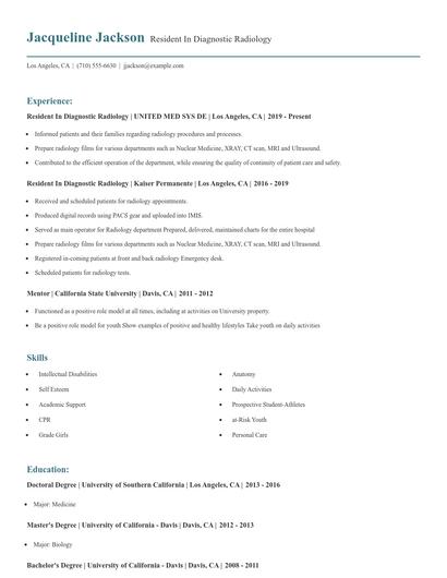 Resident In Diagnostic Radiology Resume