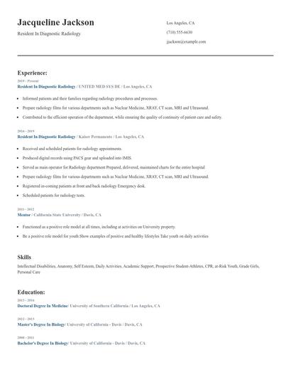 Resident In Diagnostic Radiology Resume