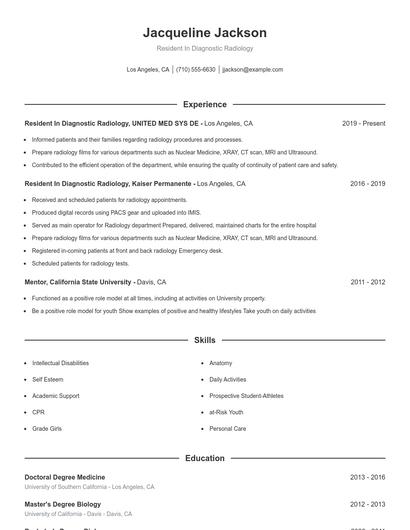 Resident In Diagnostic Radiology Resume