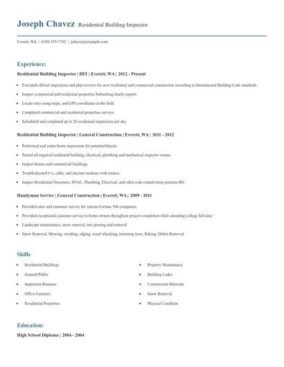 Residential Building Inspector Resume