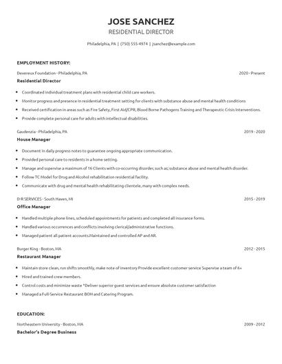 Residential Director Resume