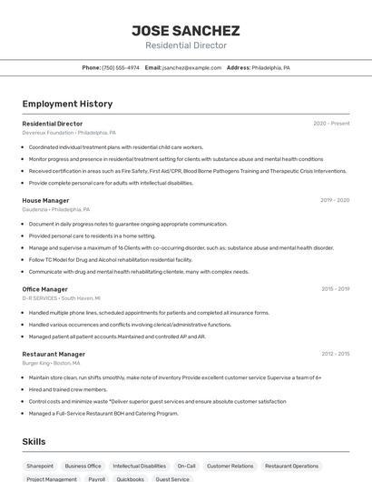Residential Director Resume