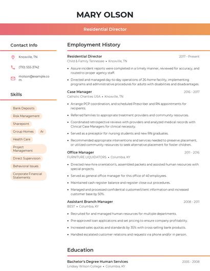 Residential Director Resume