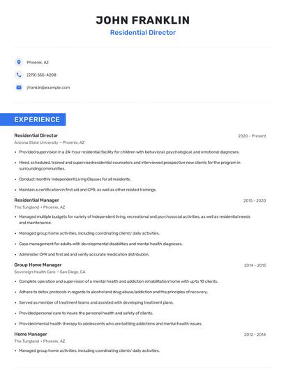 Residential Director Resume