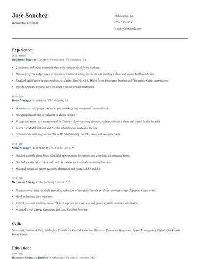 Residential Director Resume