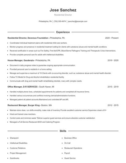 Residential Director Resume