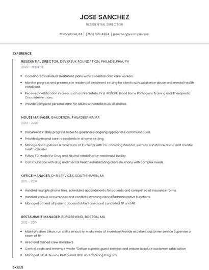 Residential Director Resume