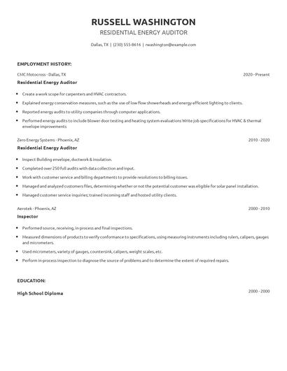 Residential Energy Auditor Resume