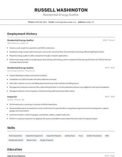Residential Energy Auditor Resume