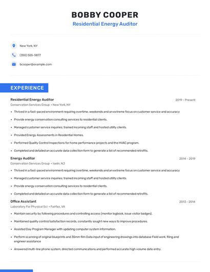 Residential Energy Auditor Resume
