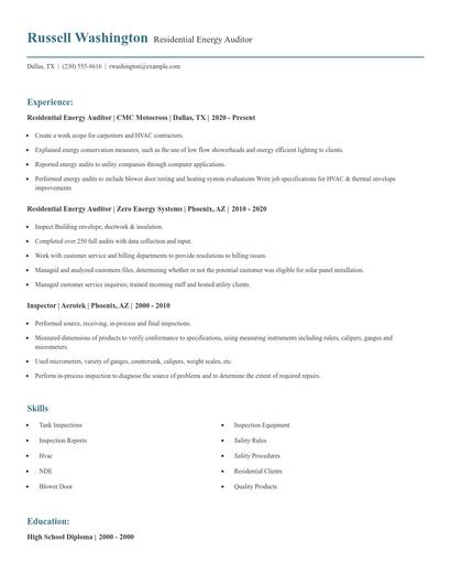 Residential Energy Auditor Resume
