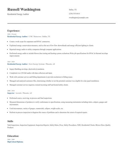 Residential Energy Auditor Resume