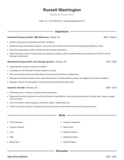 Residential Energy Auditor Resume