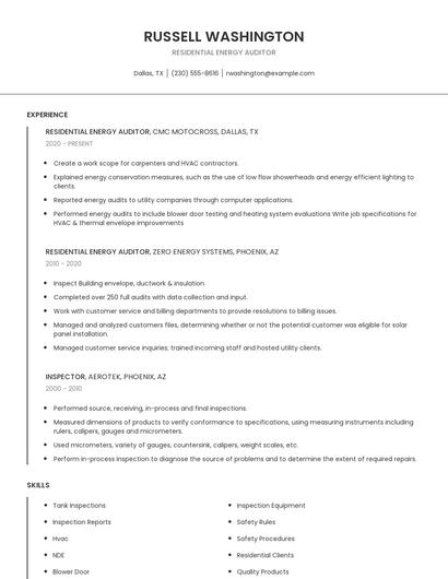 Residential Energy Auditor Resume