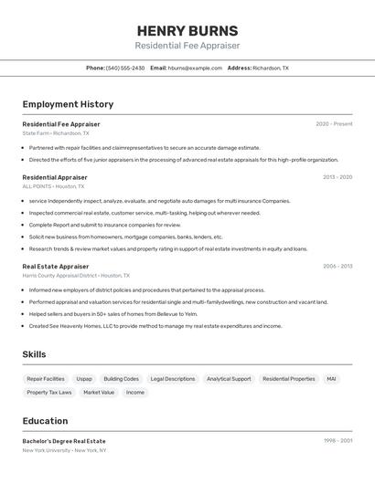 Residential Fee Appraiser Resume
