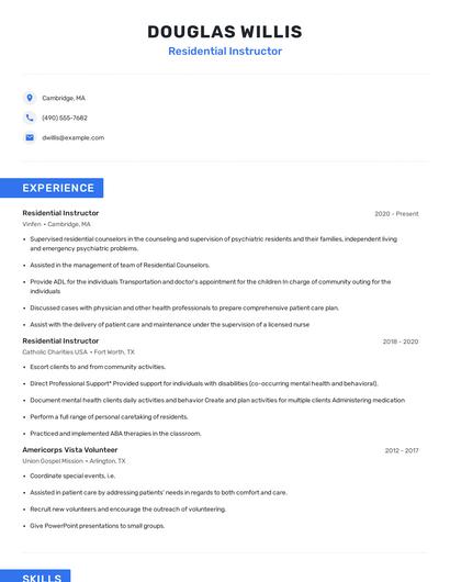 Residential Instructor Resume