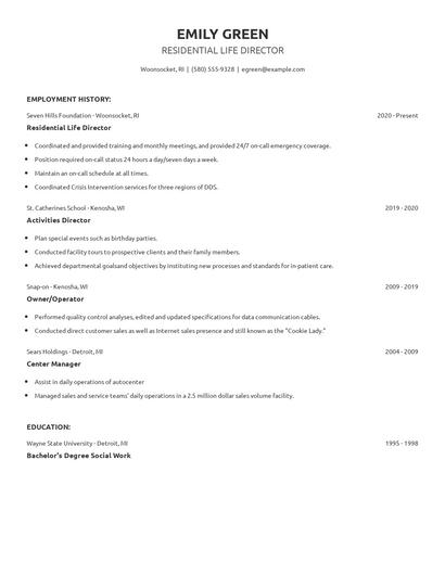 Residential Life Director Resume