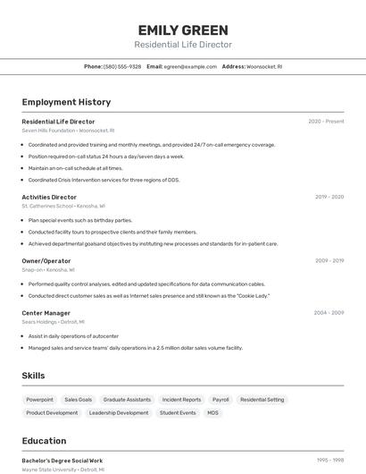 Residential Life Director Resume