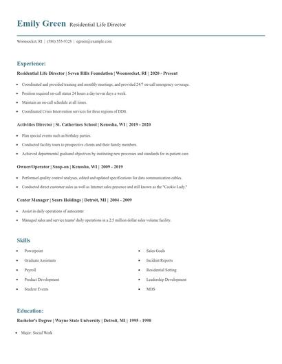 Residential Life Director Resume
