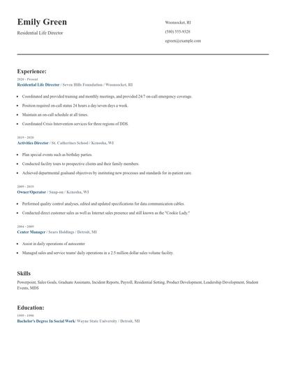 Residential Life Director Resume
