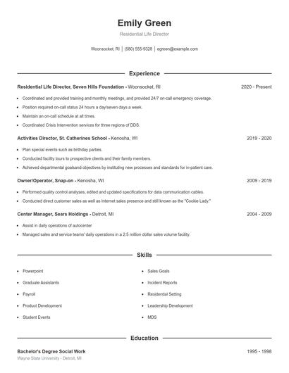 Residential Life Director Resume