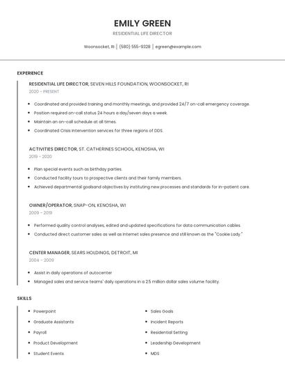Residential Life Director Resume