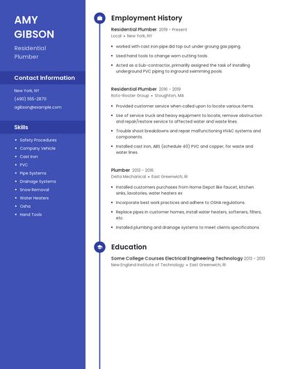 Residential Plumber Resume