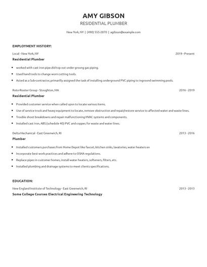 Residential Plumber Resume