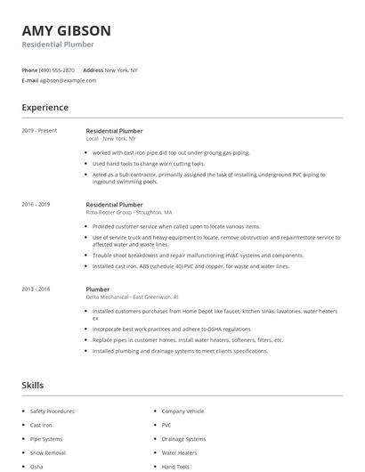 Residential Plumber Resume