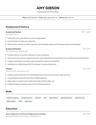 Residential Plumber Resume