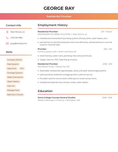 Residential Plumber Resume