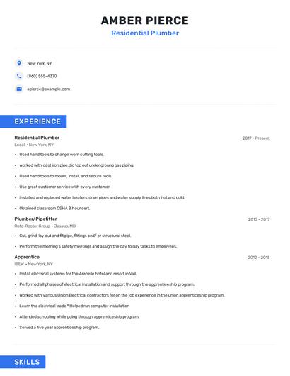 Residential Plumber Resume