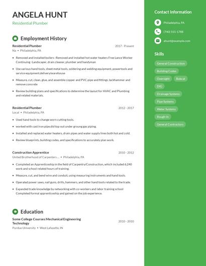 Residential Plumber Resume