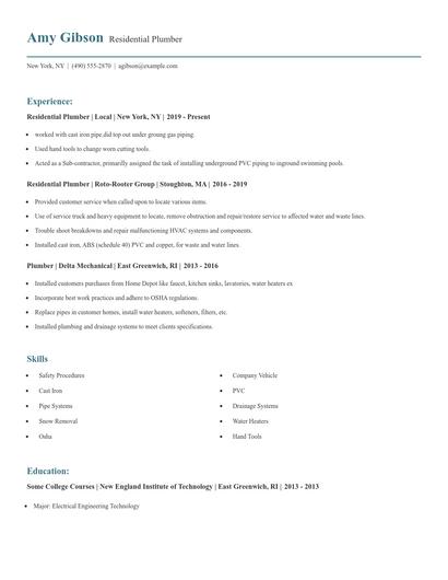Residential Plumber Resume