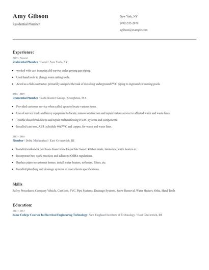 Residential Plumber Resume